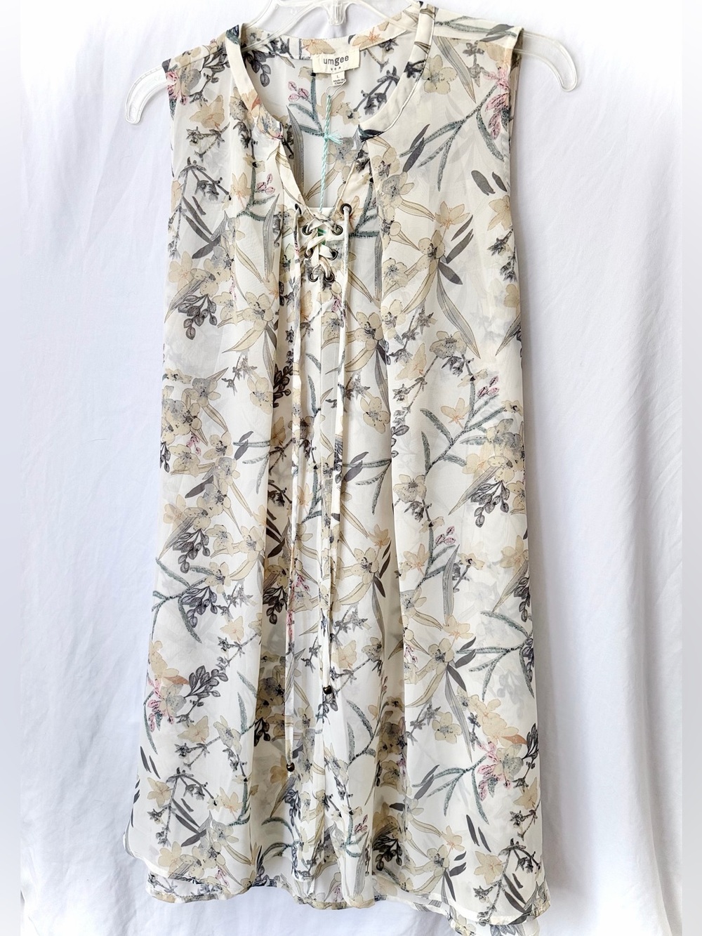 Umgee Floral Sheer Sleeveless Tunic Top Lace Up Size L
